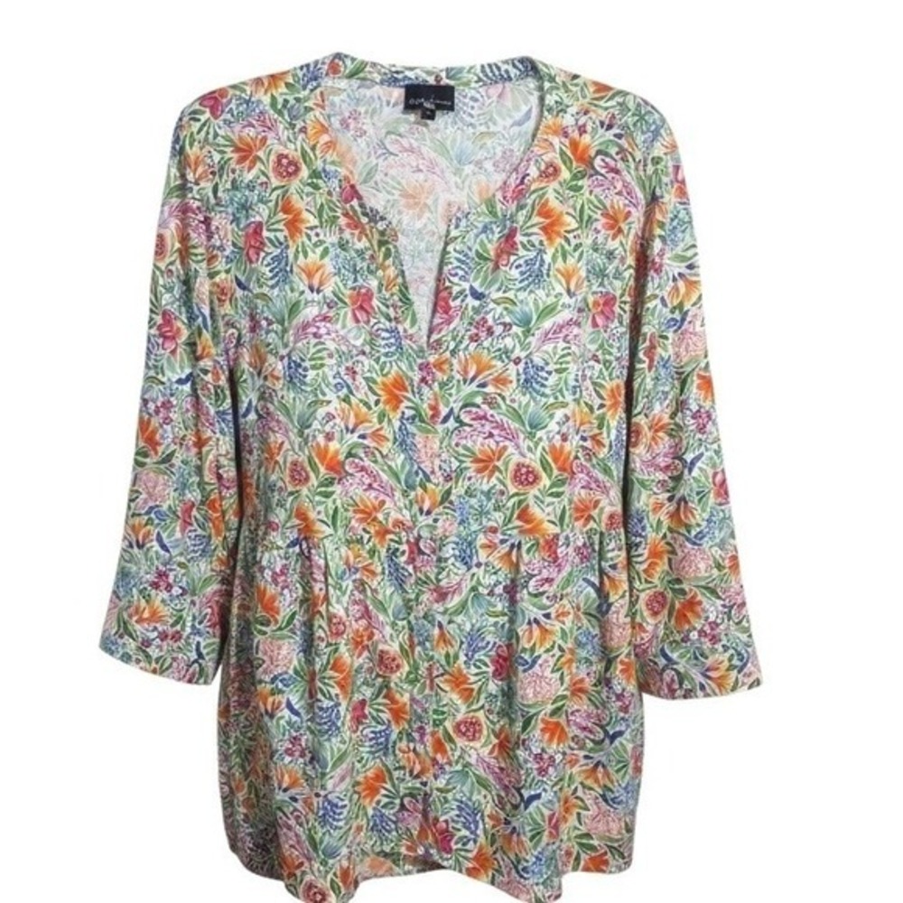 JNY Colorful Floral Boho Womens size 1X Split V-neck Relaxed Button  Linen Top